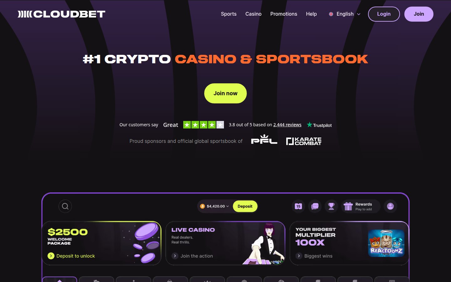 Cloudbet casino showing multiple cryptocurrency payment options and their welcome bonus