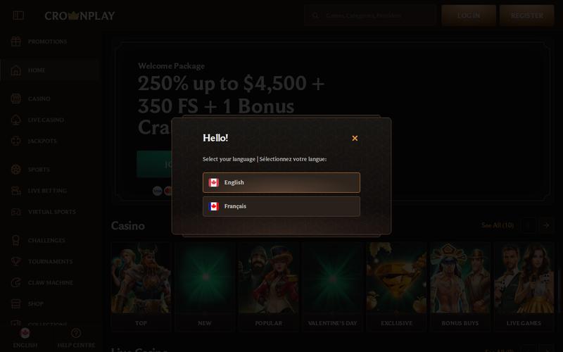 Crownplay Casino showing massive welcome bonus and promotion page