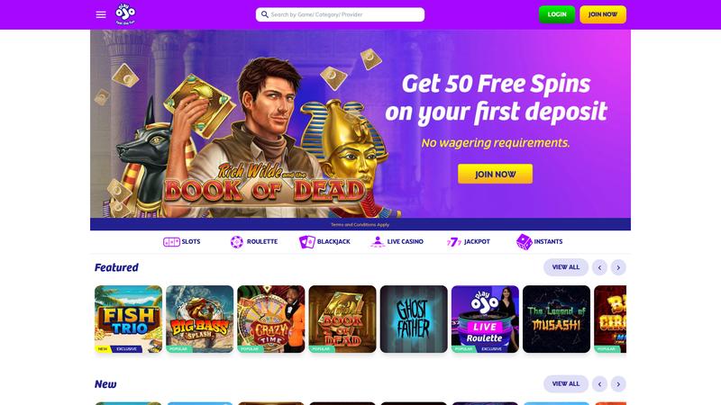 PlayOJO Casino homepage featuring no wagering requirements promotion