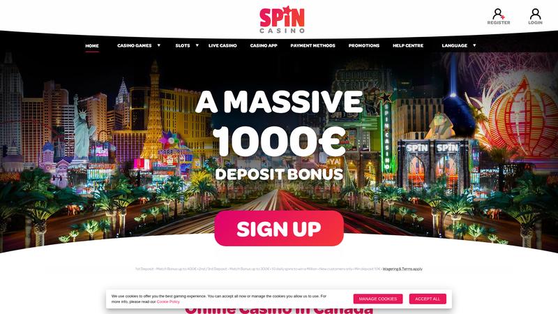 Spin Casino website showing game selection and welcome bonus offer