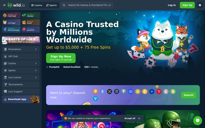 Wild.io crypto casino homepage showing game selection and welcome bonus for Canadian players